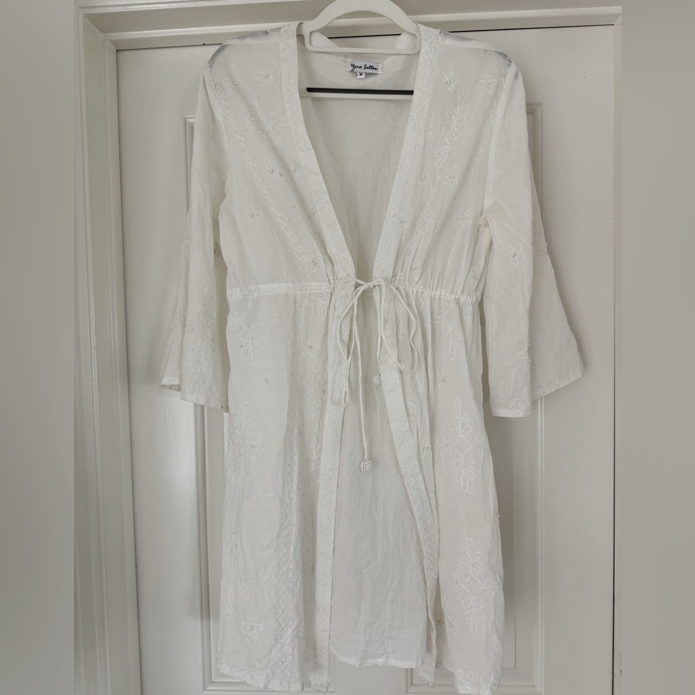 Rhona Sutton white swimsuit coverup with tie waist, embroidery and beading